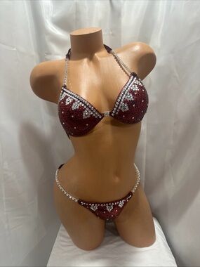 NPC competition bikini suit burgundy red 34B cup small handmade suit